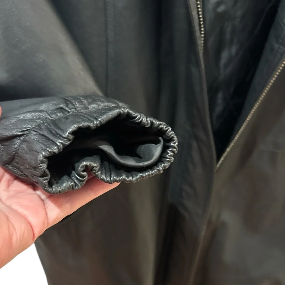 90s MIDDLEBROOK PARK HOODED BLACK LEATHER JACKET OVERSIZED GOTH ROCKABILLY SZ L - Picture 8 of 9